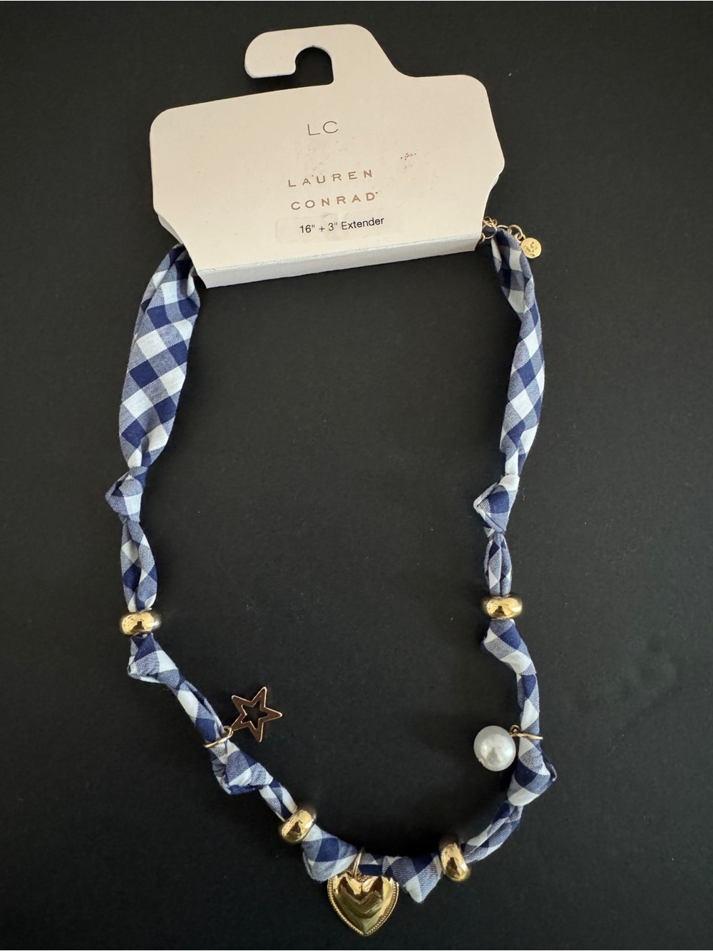 LC Lauren Conrad Blue White Gingham Fabric Necklace with Gold Charms